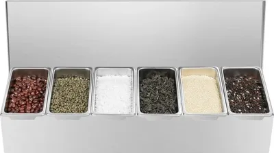 Zdjęcie produktu dla Pojemnik na składniki – stal nierdzewna – 6 przegródek – możliwość układania w stosy – nadaje się do kontaktu z żywnością – do kuchni i bufetu – srebrny