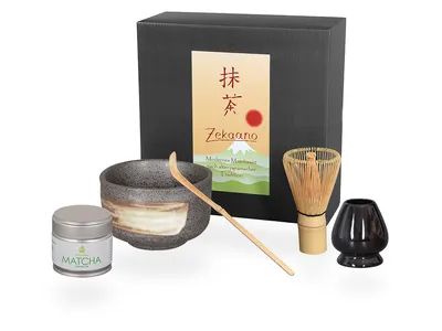 Produktbild von Matcha Set / Matchaset mit  japanischer Matcha Schale 390ml, anthrazit/beige, mit Besen/Löffel/Halter/Tee im Geschenkbox