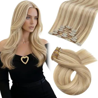 Produktbild von Moresoo Clip-in Verlängerungen - Echthaar - 50 cm - 7 Stück - 120 g - Echthaar - Clip-in #16 - 22 Gold blond mit mittelblonden Highlights - Dicke 50 cm