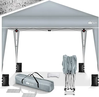 Produktbild von tillvex Pavillon 3x3m wasserdicht Grau + 4er Set Sandsäcke | Pop-Up Faltpavillon stabil & höhenverstellbar | Gartenzelt UV Schutz 50+ | Partyzelt mit Tasche für Garten