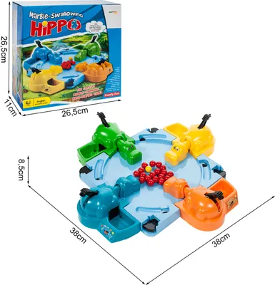 A game box and the game board with hippos and marbles.