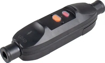 A black electrical safety device with two buttons, one orange and one red, is shown against a white background.