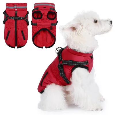 Immagine prodotto di Cappotto per cani con pettorina, giacca impermeabile per cani, gilet imbottito per cani, riflettente, colore rosso, taglia XS