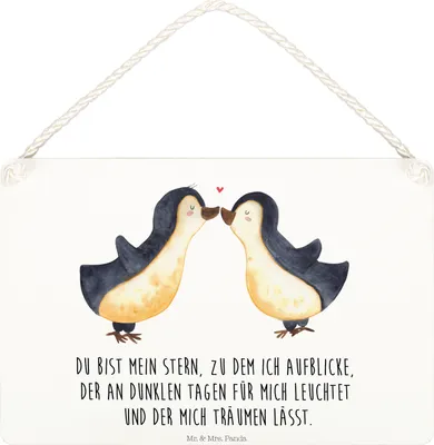 Produktbild von Mr. & Mrs. Panda Schild Pinguin Liebe DIN A5 - Weiß - Geschenk, Pinguine, Vertraut, Holzschild, Wandbild Holz, Freundin, Deko Wandtafel, holzbild, Hochzeitstag, Freund