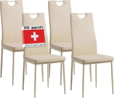 Four beige dining chairs shown from the front on a white background. One chair has a red and white Swiss flag badge with text on it.