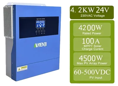 Zdjęcie produktu dla Falownik solarny, konstrukcja hybrydowa, podwójne wejścia fotowoltaiczne, ANJ-4000W-24V, 220–240 V
