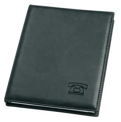 A black leather-bound address book with a small telephone icon embossed on the cover, shown against a white background.