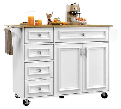 Produktbild von Kücheninsel 110×45–75×92 cm – moderner Servierwagen mit klappbarer Tischplatte und Stauraum, Buffetschrank mit Schubladen und Vintage-Muster, multifunktionaler Esstisch in Weiß