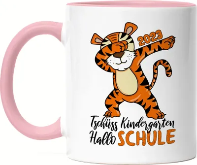 Produktbild von Tschüss Kindergarten Hallo Schule 2023 Tasse Rosa Einschulung 1. Klasse Tiger Dab Geschenkidee