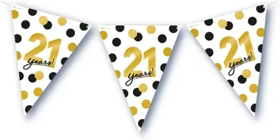 Produktbild von Wimpelkette 21 Jahre, Weiß-Schwarz-Gold, 6 m, für Geburtstagsfeiern