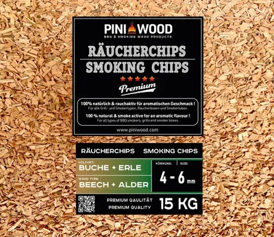 Immagine prodotto di 15 kg di trucioli di legno di faggio e di ontano per affumicatura, granulometria 4-6 mm
