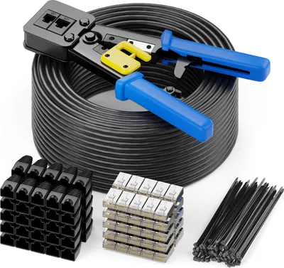 Produktbild von deleyCON 100m CAT7 Verlegekabel Patchkabel Installationsset Outdoor Indoor inkl. Crimpzange Kabelbinder & 50 RJ45 Stecker - S/FTP 600 MHz 10 Gbit/s AWG 26 BC Kupfer - Witterungsbeständig - Schwarz