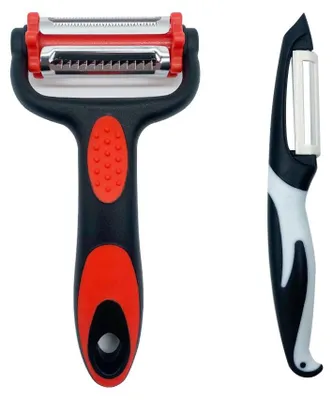 Productafbeelding van 3-in-1 schiller met keramisch mes - Antislip handvat - Geschikt voor het schillen van fruit en groenten - Zwart, rood, 2 stuks