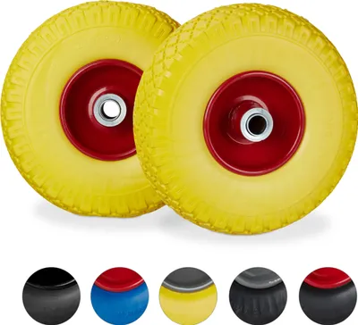 Produktbild von 8 x Sackkarrenrad, pannensichere Vollgummireifen, 3.00-4" Stahlfelge, 20 mm Achse, 100kg, Ersatzrad 260 x 85mm, gelb-rot