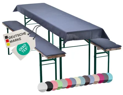 Produktbild von NYVI Bierbankauflagen Set NYVIGala 240x70 cm Grau - 1x Tischdecke für 220x50 cm Biertische & 2x Gepolsterte Auflage für 220x25 cm Bierbänke - Sitzauflage für Bierzeltgarnitur
