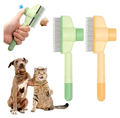 Produktbild von 2 Stück Katzen- und Hundeflohkamm, Selbstreinigender Kamm und Fellpflegebürste für Haustiere (Gelb und Grün)
