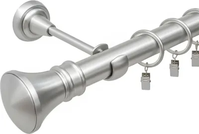 A close-up view of a silver curtain rod with clip rings.