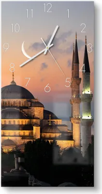 Produktbild von DEQORI Glasuhr 30x60 cm Zahlen 'Mondsichel über Moschee' Wanduhr Glas Uhr Design leise