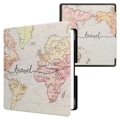 Immagine prodotto di Custodia kwmobile per Amazon Kindle Scribe (2024) - Custodia a libro per e-reader con funzione di spegnimento automatico - Scritta "Travel" in nero e multicolore