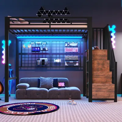 Immagine prodotto di Letto a castello MODFU per ragazzi 90x200 con armadio e scala portaoggetti; letto matrimoniale con luci LED a 7 colori; struttura letto con sponde di sicurezza e scaffale a griglia; senza materasso; nero