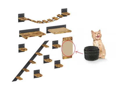 A collection of cat climbing and resting furniture pieces arranged on a white background, with a cat and a basket to the side.