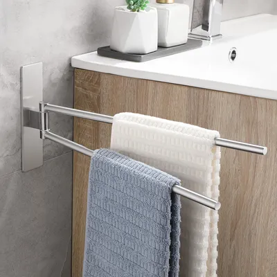 Produktbild von Handtuchhalter Ohne Bohren 180° Schwenkbar Handtuchstange Selbstklebend Handtuchhalter 304 Edelstahl Badetuchhalter Doppelter Habdtuchhalterung Gebürstet Silber