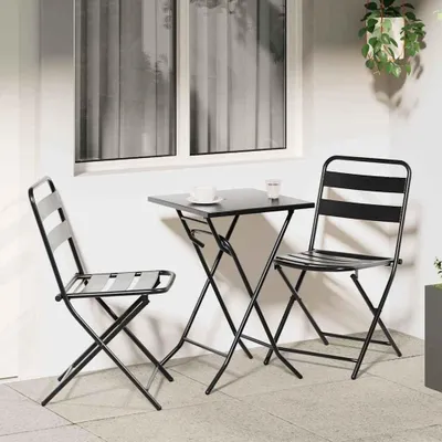 Produktbild von Garten-Bistro-Set, 3-teilig, anthrazitfarben aus Stahl mit klappbarem Tisch und Stühlen für Terrasse, Garten und Balkon, wetterfest und langlebig, inklusive abnehmbarer Sitzkissen