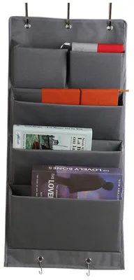 Image de Organiseur suspendu pour portes et armoires, en tissu Oxford, barre de suspension pliable avec 5 crochets pour les serviettes, rangement suspendu avec 4 grands compartiments, gris