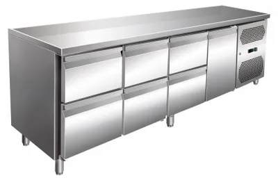 Produktbild von Gastro Kühltisch | Kühltheke Edelstahl | 312 Liter | 1 Tür / 6 Schubladen | Umluftkühlung | -2 bis +8°C