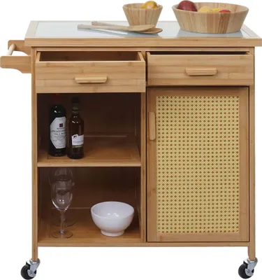 Immagine prodotto di Carrello portavivande HWC-K11, carrello da cucina carrello bar carrello portavivande, maniglia cassetto piano di lavoro 85x84x36cm bambù, marrone