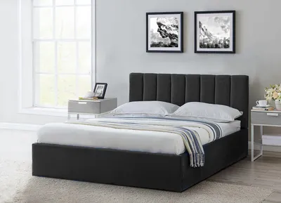 Produktbild von ExpressLOG Polsterbett Malibu, Hydrophober VELUTTO-Stoff, Erhöhter Rahmen, Bettkasten, Gasdruckfedern, Goldene Füße Gepolstertes Kopfteil 120x200x39 cm, grau