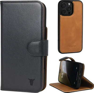 A collage of images showing a black leather wallet phone case with a brown inner lining, a brown leather phone case with a camera cutout, and a phone in a brown leather case standing upright.