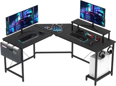 Produktbild von L-förmiger Computertisch mit Ladefunktion,Gaming Tisch,Schreibtisch Eckschreibtisch PC-Tisch mit Monitorständer Groß bürotisch160-135x55x74cm Schwarz