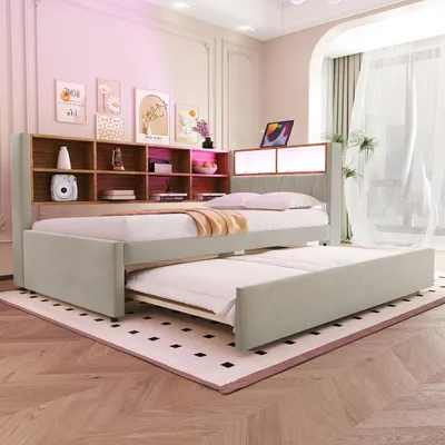 Image de Canapé-lit 90 x 200 cm avec lit tiroir 90 x 190 cm, éclairage LED, ports USB/Type-C/prise électrique, espaces de rangement, tissu en flanelle, couleur gris clair