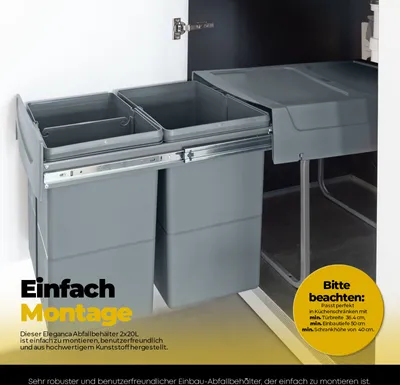 Produktbild von Eleganca Abfalleimer 2x20L - Einbau-Abfalleimer - Einbau-Abfalleimer 40L - Mit 2 Fächern - Abfalltrennbehälter - Anthrazit - B34.2xT46.9xH38.9cm