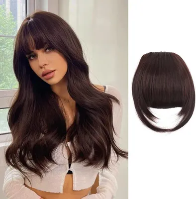 Produktbild von Clip in Pony Haare Haarverlängerungen Flat Bang mit Schläfen Synthetische Front Face Fringe Pony Haarteile Pony Extension für Frauen das Tägliche Tragen (Dunkelbraun)