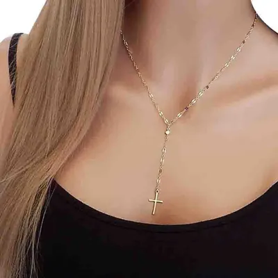 Produktbild von Damen Halskette mit Vintage-Kreuz-Anhänger, Schlüsselbein-Kette, verstellbarer Schmuck, Geschenk-Golden