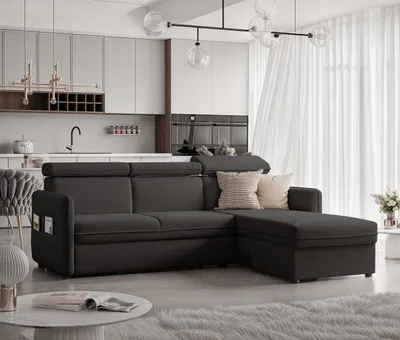 Produktbild von Idohome - Ecksofa BENI mit Schlaffunktion und Bettkasten 220x160 cm, Relaxfunktion und Kopfstützen - Farbe Schwarz Manila 18