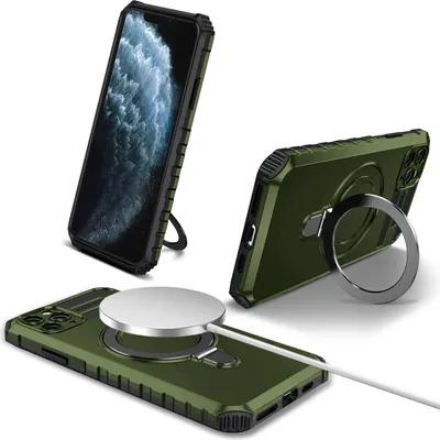 Obrázek produktu pro Pouzdro pro iPhone 11 Pro magnetické s MagSafe, držák prstenu, stojánek, dvouvrstvé ochranné pouzdro zelené