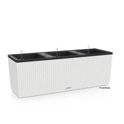 Produktbild von LECHUZA-Pflanzgefäß TRIO Cottage 30 Weiß | Mini-Gemüsebeet mit Bewässerungssystem und 3 Pflanzeinsätzen | Flechtoptik | 100 x 32,5 x 34,5 cm | 15000