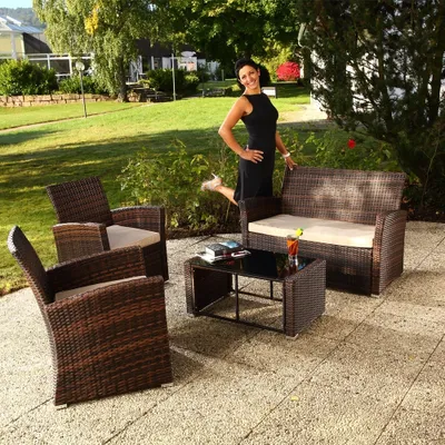 Immagine prodotto di Melko mobili da giardino set di sedute 4 pezzi marrone/beige polyrattan lounge dining set