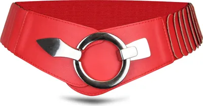 A red elasticated belt with a silver ring buckle is shown against a white background.