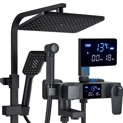Obrázek produktu pro Termostatický sprchový systém - sprcha typu "dešťová sprcha" - sprchový set - termostatická baterie - černá sprchová sada