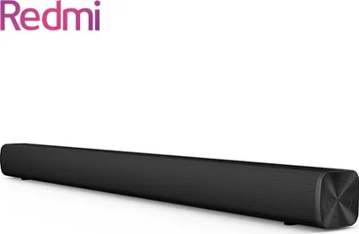 A black soundbar is shown on a white background with the Redmi logo in the top left corner.