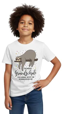 Produktbild von Spreadshirt Tschüss Grundschule Faultier Grundschulabschluss Kinder T-Shirt, 110/116 (5-6 Jahre), Weiß