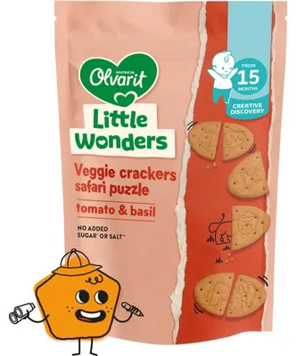 Obrázok produktu pre Olvarit Puzzel Cracker Tomaat Basilicum 105 g – pochúťky pre deti od 15 mesiacov