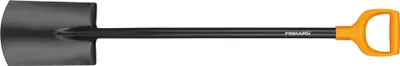 A Fiskars garden spade with a black metal blade and shaft, and an orange D-shaped handle, isolated on a white background.