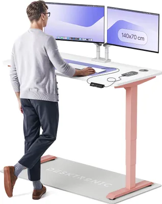 Zdjęcie produktu dla Desktronic HomePro elektryczne biurko z regulacją wysokości 140x70 cm różowo-białe z funkcją pamięci, technologią antykolizyjną, portami ładowania USB-A i USB-C