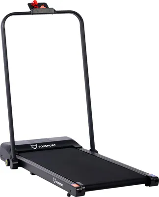 A studio shot of a black treadmill against a white background.