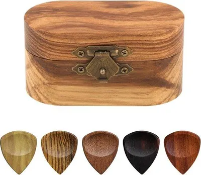 Produktbild von Holzplektren und Plektrumhalter, 5 Plektren für Akustikgitarre mit Mini-Plektrumbox, Plektren für E-Akustik, Kupfergitarre, Mandoline, Banjo